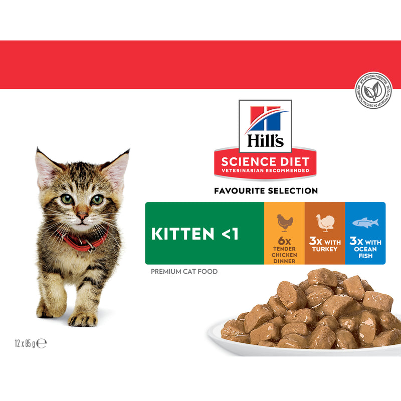 Hill’s Science Diet Kitten Variety 12 Pack (6 Chicken, 3 Turkey, 3 Ocean Fish) Cat Food pouches 12x85g