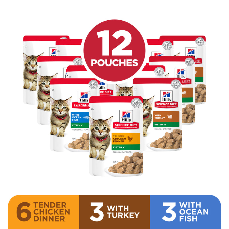 Hill’s Science Diet Kitten Variety 12 Pack (6 Chicken, 3 Turkey, 3 Ocean Fish) Cat Food pouches 12x85g