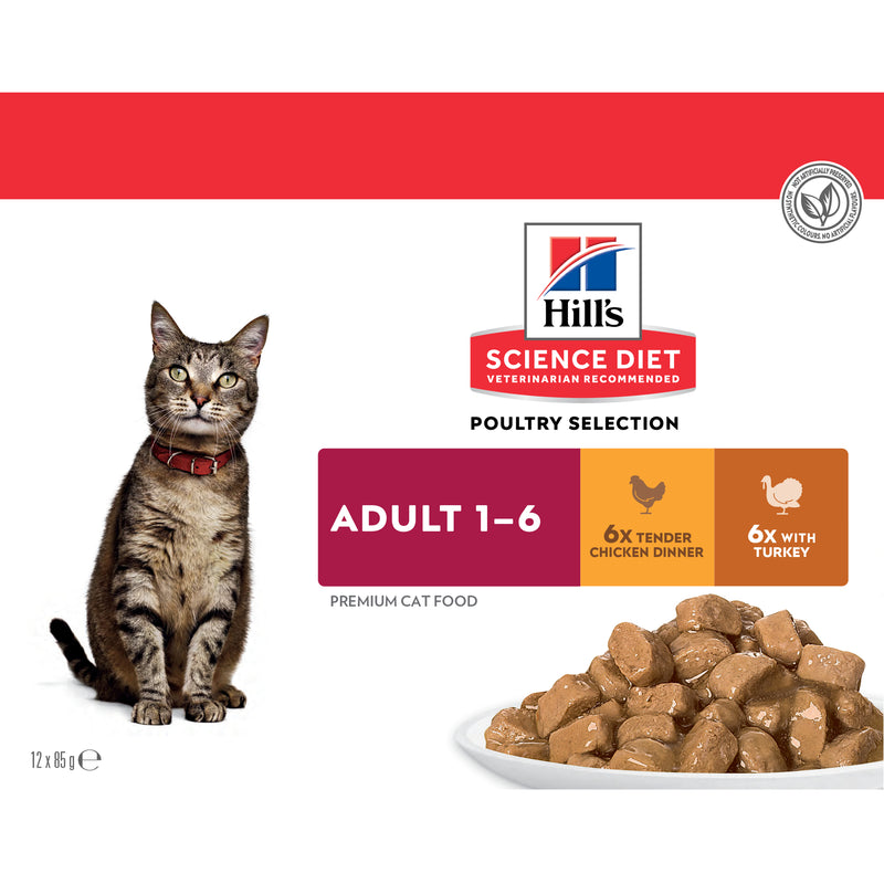 Hill’s Science Diet Adult Poultry Selection Variety Pack (6 Chicken, 6 Turkey) Pouch Cat Food 12x85g